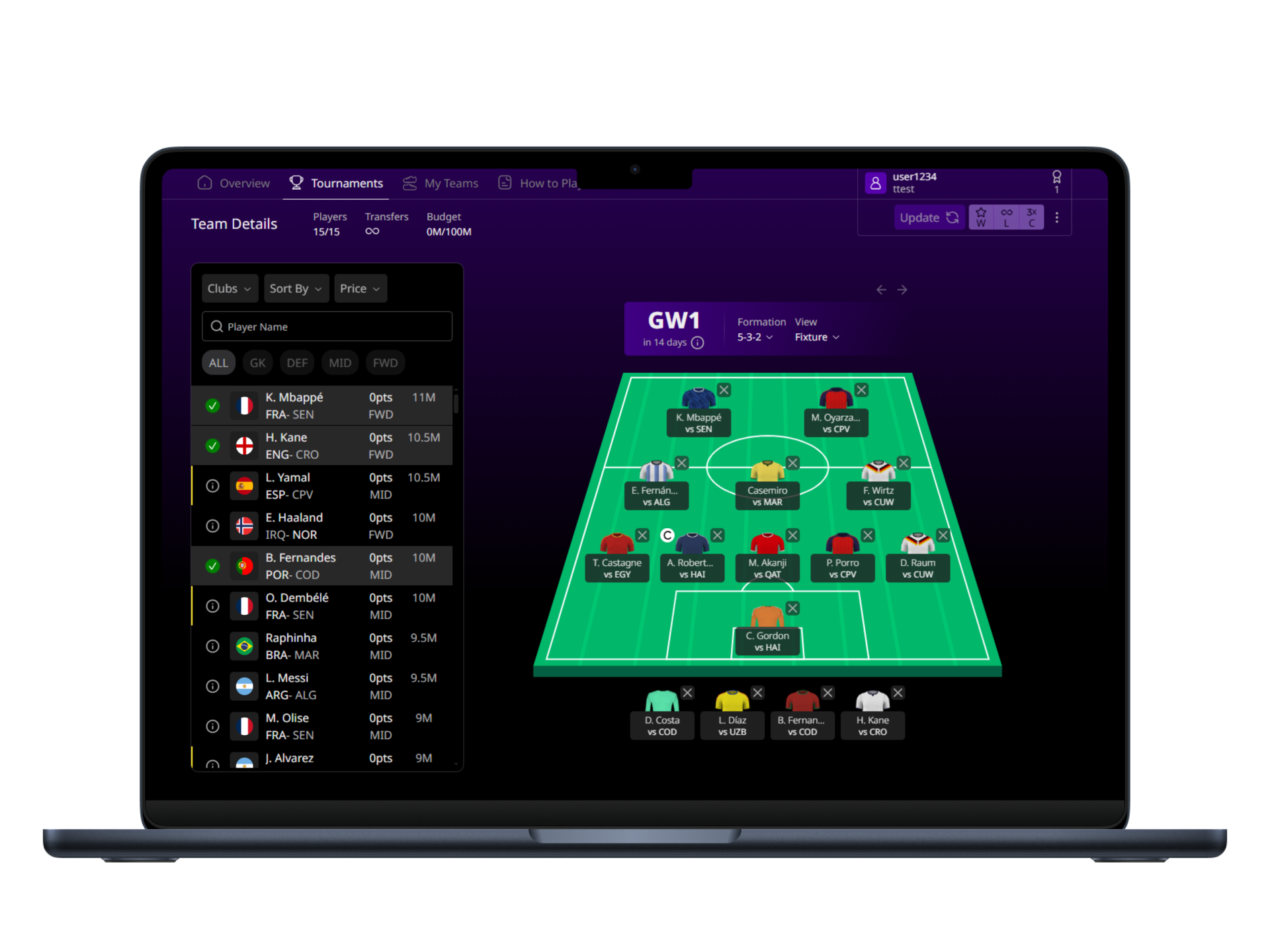 Heropicks fantasy football team builder shown on a laptop